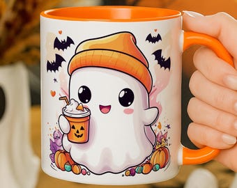 Taza de fantasma adorable para Halloween, taza de otoño, regalo para amantes de los fantasmas, taza de Halloween para ella, decoración otoñal espeluznante, especias de calabaza, linda idea de regalo de octubre