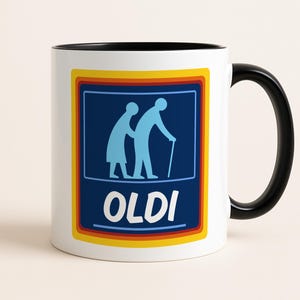 Mok OLDI, koffiekopje grappige supermarktparodie, grapje oude persoon
