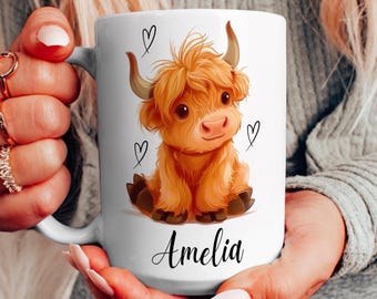Personalised Highland Cow Mug, Custom Name Coffee Cup, Cow Lover Gift
