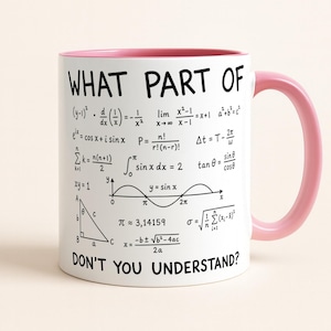 May include: A white ceramic mug with a pink interior and handle. The exterior features black text that reads "WHAT PART OF" at the top and "DON'T YOU UNDERSTAND?" at the bottom, with various mathematical formulas and equations in between.