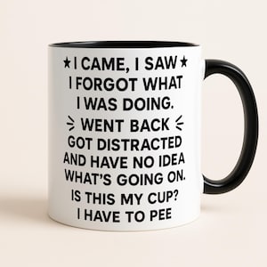 Rolig glömsk mugg, jag kom, jag såg, jag glömde vad jag gjorde mugg, ADHD-humorgåva, splittern skämtmugg, kollegagåva, rolig kaffemugg
