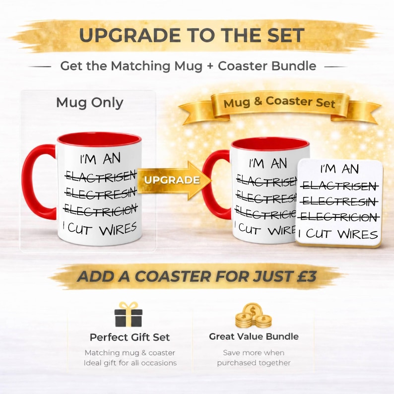 May include: A white ceramic mug with a red handle and interior, featuring black text that reads I'M AN ELACTRISEN, ELECTRESIN, ELECTRICION, I CUT WIRES. The set includes a matching square coaster with the same text and design elements.