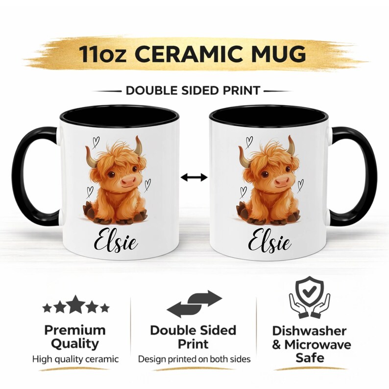 Pode incluir: Caneca de cer&acirc;mica branca com al&ccedil;a e interior pretos. A caneca apresenta uma impress&atilde;o dupla face de uma vaca Highland de desenho animado chamada Elsie, com cora&ccedil;&otilde;es. A caneca tem 312 ml e pode ser lavada na m&aacute;quina de lavar lou&ccedil;a e no micro-ondas.
