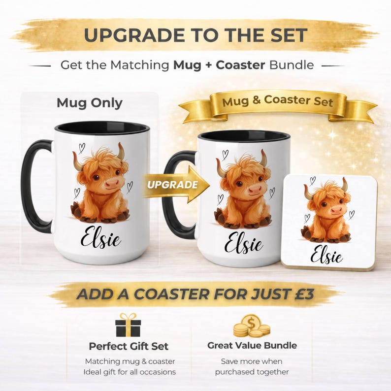 Pode incluir: Caneca branca com al&ccedil;a e interior pretos, apresentando uma ilustra&ccedil;&atilde;o de uma vaca Highland chamada Elsie. A imagem tamb&eacute;m mostra um porta-copos correspondente com o mesmo design e o texto "Upgrade to the Set".