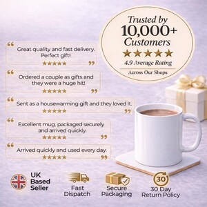 May include: A white ceramic mug sits on a square coaster next to a gift box. The image displays text stating Trusted by 10,000+ Customers, 4.9 Average Rating, and five customer reviews with five-star ratings. Icons indicate UK Based Seller, Fast Dispatch, Secure Packaging, and 30 Day Return Policy.