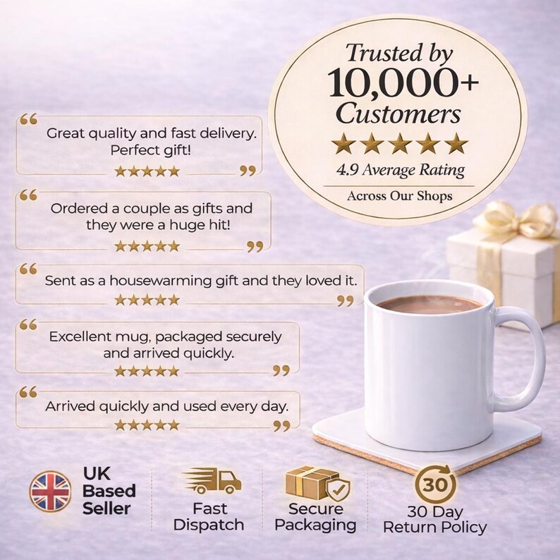 May include: A white ceramic mug sits on a square coaster next to a gift box. The image displays text stating Trusted by 10,000+ Customers, 4.9 Average Rating, and five customer reviews with five-star ratings. Icons indicate UK Based Seller, Fast Dispatch, Secure Packaging, and 30 Day Return Policy.