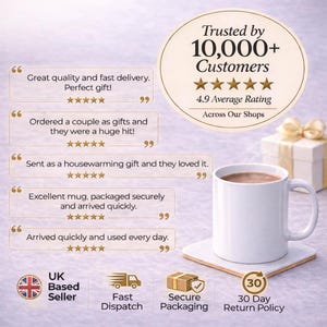 May include: A white ceramic mug filled with a warm beverage, resting on a square coaster. The image includes text that reads "Trusted by 10,000+ Customers" and customer reviews. A gift box with a bow is in the background.