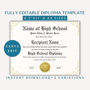 High School Diploma, Canva Editable Diploma Template, Printable Graduation Diploma Template, Diploma Replica Template, Home School Diploma