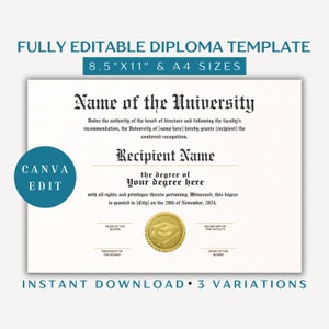 University Diploma, Printable Certificate with Seal, College Diploma Template, College Degree Certificate, Canva Editable College Diploma