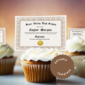 Topper de cupcake de fiesta de diploma editable, topper de cupcake de graduación, topper de diploma de graduación personalizado, fiesta de graduación de la escuela secundaria universitaria