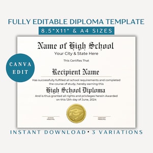 Home School Diploma, Diploma Template, Graduation Diploma Template, Printable Fake High School Diploma, Canva Editable Certificate With Seal
