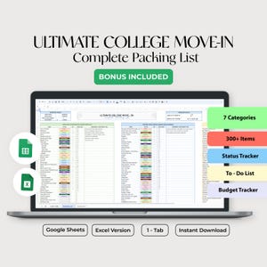 College Packing List: Dorm Move-In Essentials (Google Sheet & Excel) (Digital Download)