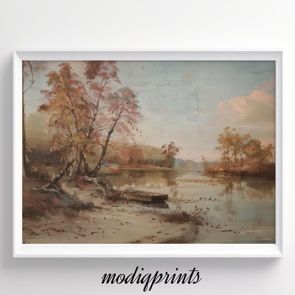 Vintage Autumn Landscape Painting, Muted Nostalgic Wall Art, River Wooden Boat Background,  Oil Painting, Digital Download | 35