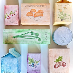 May include: A collection of eight illustrated boxes and a can, each featuring a different natural ingredient. The boxes are labeled with the ingredient name and size, such as "Barberries 3 oz", "Chestnut Mushrooms 8 oz", "Dandelion Tea 8 oz", "Fiddleheads 10 oz", "Ferns 8 oz", "Blueberries 3 oz", "Rainwater 8 oz", and "Acorns 8 oz". The can is labeled "8 oz".