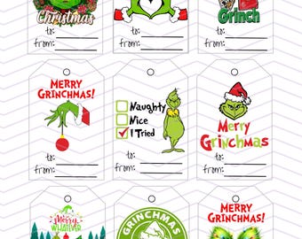 May include: Nine Christmas gift tags with Grinch-themed designs. The tags feature phrases such as "Merry Christmas", "Merry Grinchmas", and "Love Grinch". Each tag includes space to write "to" and "from".