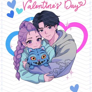May include: Valentine's Day card featuring an anime-style couple embracing a blue tiger-like creature. The card has a white background with blue and pink heart accents and the text "Happy Valentine's Day". The card also has "TO:" and "FROM:" text.