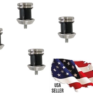May include: Four silver and black motorcycle engine mounting bolts. The bolts have a rubber washer and a metal base. The bolts are arranged in a square pattern. USA SELLER is printed below a graphic of the United States flag.
