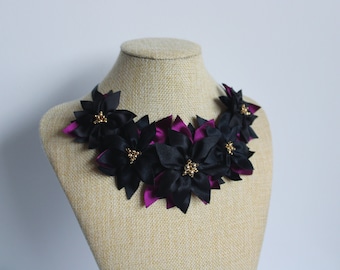 necklace with fabric flowers sewn jewelry satin flowers jewelry fabric jewelry elegant necklace  beaded textile necklace