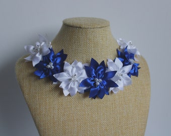 necklace with fabric flowers sewn jewelry satin flowers jewelry fabric jewelry elegant necklace  beaded textile necklace