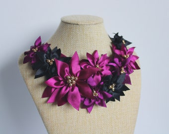 necklace with fabric flowers sewn jewelry satin flowers jewelry fabric jewelry elegant necklace  beaded textile necklace