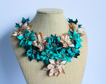 necklace with fabric flowers sewn jewelry satin flowers jewelry fabric jewelry elegant necklace  beaded textile necklace