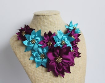 necklace with fabric flowers sewn jewelry satin flowers jewelry fabric jewelry elegant necklace  beaded textile necklace