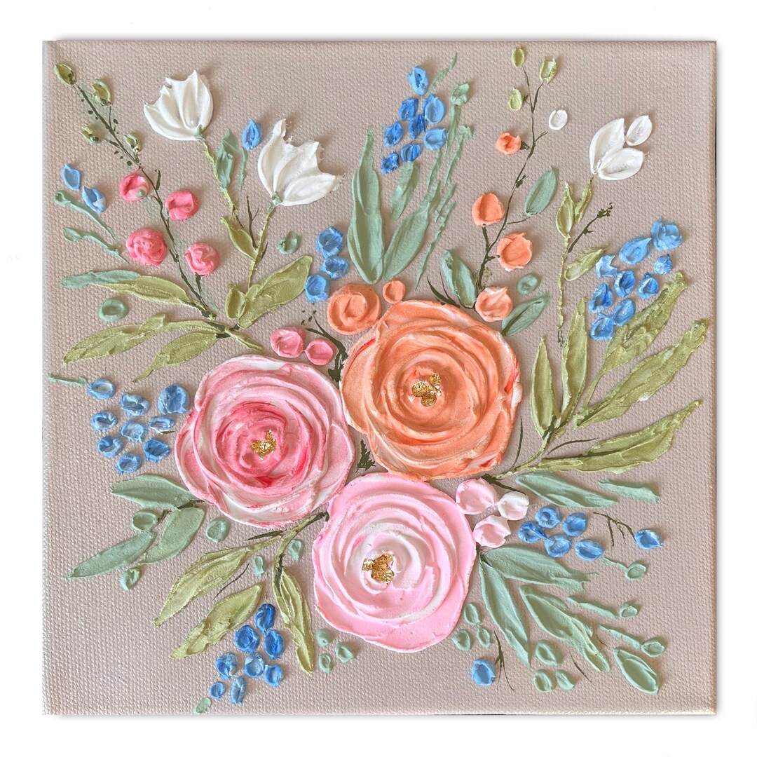 Original 3D Textured Floral Wall Art Hand-painted Flower Painting Gold ...