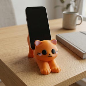 May include: Orange cat-shaped phone holder with a smartphone in place. The holder has black eyes, pink cheeks, and a smiling mouth. The phone is black, and the holder is on a wooden surface.