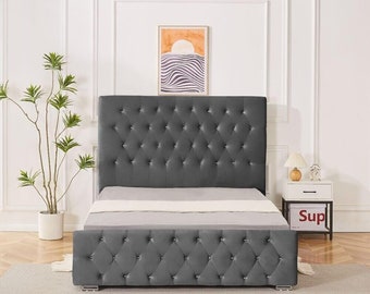 5FT King Grey Plush Velvet Ottoman Storage Bed with Buttoned Headboard/Footboard New Rio