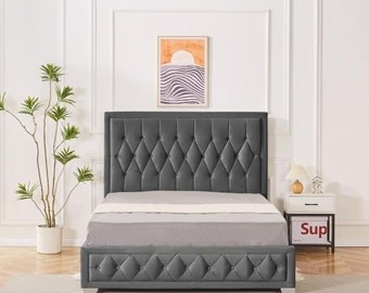 4FT6 Double Grey Plush Velvet Ottoman Storage Bed with Buttoned Studs Headboard/Footboard Chelsea