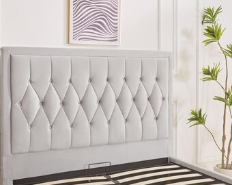 4FT6 Double Silver Plush Velvet Ottoman Bed Set with Buttoned Studs Headboard/Footboard Chelsea