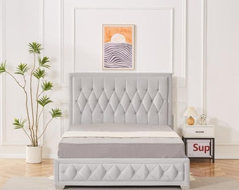 Silver Plush Velvet Ottoman Storage Bed with Buttoned Studs Headboard/Footboard and 10 Inch Spring Memory Foam Chelsea