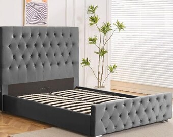 4FT6 Double Grey Plush Velvet Bed Set Ottoman Storage and Buttoned headboard/Footboard New Rio