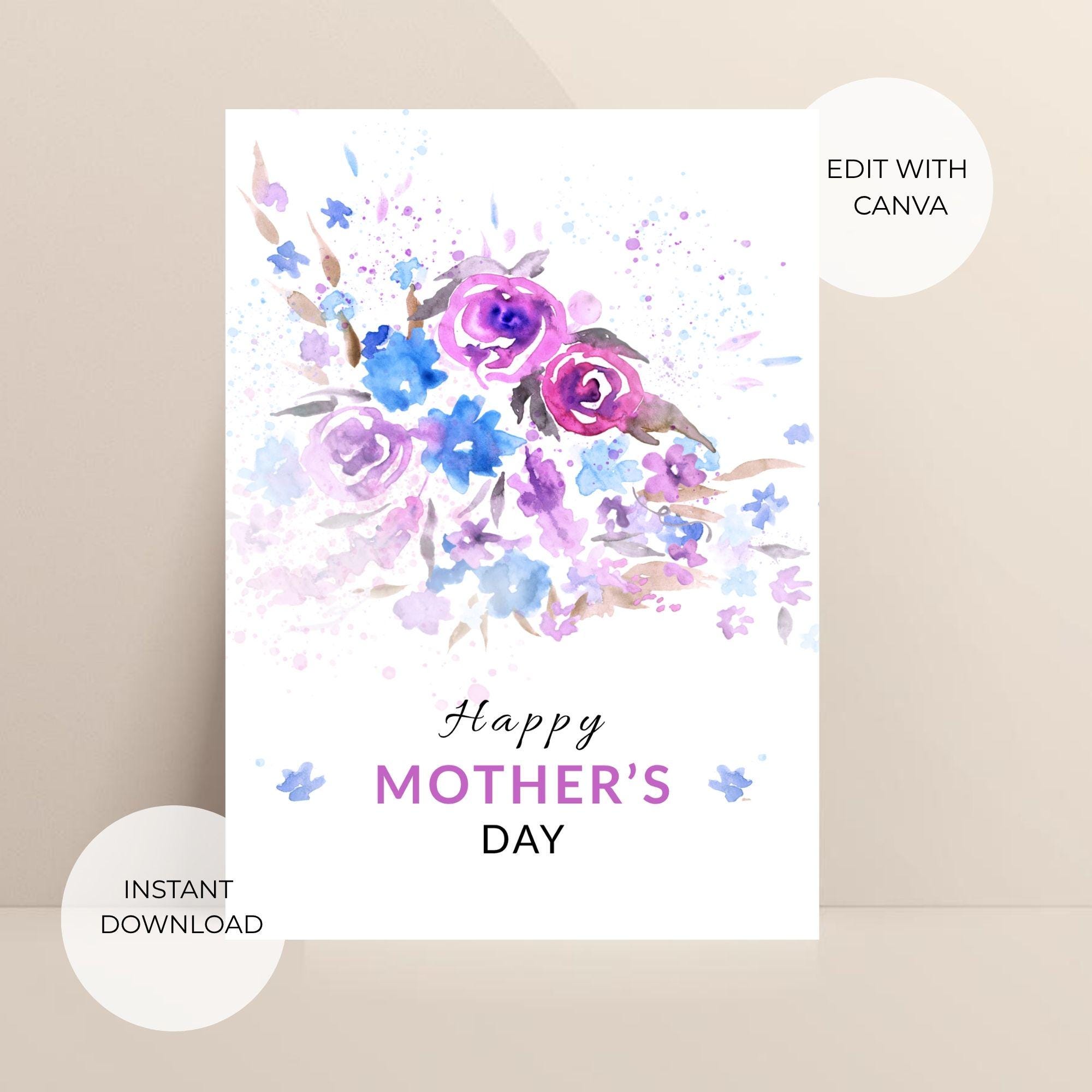 Mother’s Day Card Printable 5x7 Folded, Watercolor Floral Design ...