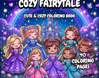 May include: A coloring book titled COZY FAIRYTALE CUTE & COZY COLORING BOOK with 40 COLORING PAGES. The cover features six cartoon characters in colorful dresses and crowns standing before a castle under a rainbow, stars, and butterflies.