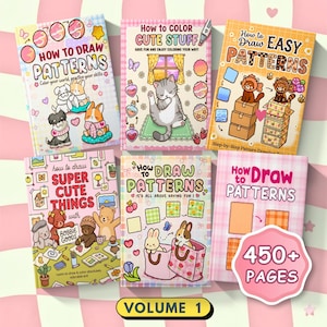 May include: Six instructional drawing books featuring colorful cartoon illustrations of animals and patterns. Titles include How to Draw Patterns, How to Color Cute Stuff, How to Draw Easy Patterns, and How to Draw Super Cute Things with Bobbie Goods.