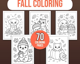May include: A collection of 70 fall coloring pages featuring black and white line art illustrations of animals including a puppy, chipmunk, rabbit, otter, and cat. Each page displays seasonal elements like leaves, acorns, pumpkins, and apples.
