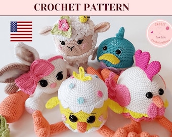 Easter Collection Animals crochet pattern SET, Crochet PATTERN SET Amigurumi Easter animals: bunny, lamb, chick, duck and hen.
