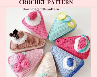 May include: A set of seven crocheted cake slices in various colors and designs, including strawberry, lemon, chocolate, watermelon, blueberry, and carrot. Each slice has a different topping and is made with a detailed crochet stitch. The crochet cake slices are arranged in a circle on a white background. Download pdf-pattern.