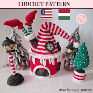 May include: A crochet pattern showing a red and white striped house with a long, curved hat and legs. The house has a small door and window. A crochet Christmas tree and street lamp are also present. The text "CROCHET PATTERN" is at the top. The text "download pdf-pattern" is at the bottom.
