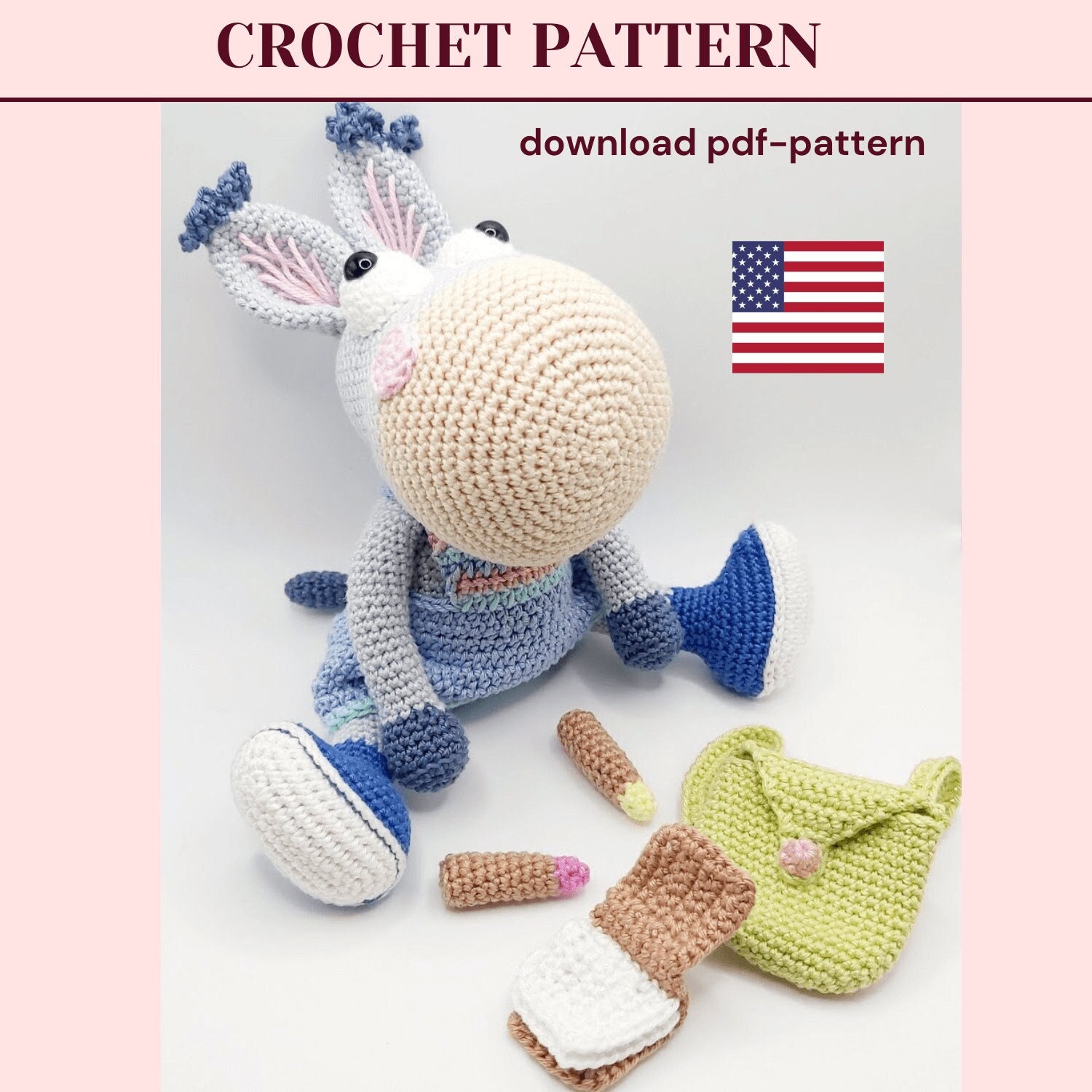 30 Donkey Crochet Patterns for Farm Animal Fans, Gifts, and Nursery Decor 16 Donkey with Backpack, Book, and Crayons