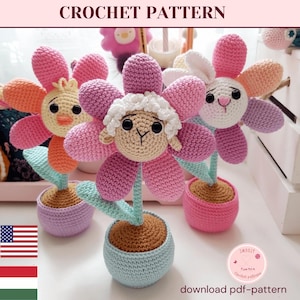 Påskdjur Blommor Virkmönster: Kyckling, Får, Kanin (PDF-mönster)