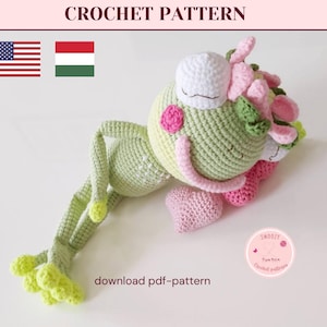 May include: A crocheted frog doll in shades of green, pink, and white. The frog has a round head, long limbs, and a heart-shaped detail. The text "CROCHET PATTERN" and "download pdf-pattern" are visible.