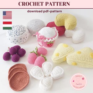 Puede incluir: Descarga de patrón de crochet para una variedad de artículos de comida, incluyendo un cupcake, fresas, uvas, cuñas de queso y pan. El patrón está disponible en formato PDF. La imagen también incluye el texto "CROCHET PATTERN" y "download pdf-pattern".