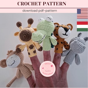 May include: A set of five crocheted finger puppets featuring a monkey, giraffe, crocodile, leopard, and rhinoceros. The image includes the text CROCHET PATTERN and download pdf-pattern, along with a circular logo labeled SMOOZY Crochet patterns.