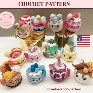 Fairy cakes crochet pattern, Crochet cake set play food, cute amigurumi cakes pattern in English