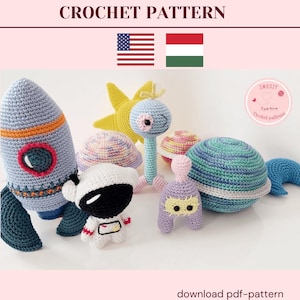 Può includere: Uno schema all'uncinetto per un set di giocattoli amigurumi a tema spaziale, tra cui un razzo, un astronauta, un alieno, un pianeta e un sole. Lo schema è disponibile per il download in formato PDF.