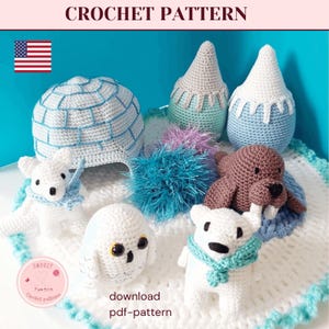 Könnte beinhalten: Häkelanleitung für ein Set winterlicher Amigurumi-Spielzeuge, darunter ein Eisbär, ein Walross, eine Eule und ein Iglu. Die Spielzeuge sind aus weißer, brauner, blauer und grauer Wolle gefertigt. Die Anleitung steht als PDF zum Download bereit.
