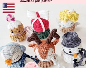 May include: Crochet pattern download for six amigurumi Christmas ornaments: a gingerbread person, a gift box, an angel, a reindeer, a penguin, and a snowman. The ornaments are all crocheted in different colors and have cute faces.