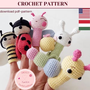 May include: A collection of colorful, crocheted finger puppets in the shape of insects and animals. The puppets include a bee, ladybug, butterfly, bunny, and caterpillar. The text "CROCHET PATTERN" is at the top of the image.